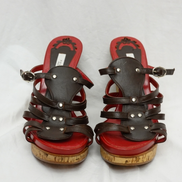 POLLINI Red & Brown Strappy Cork Platform Wedge Sandals, size 37 - Picture 8 of 8